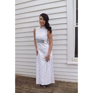 60s Lace Formal Gown Prom White Long Maxi Sleeveless Vintage Dress XS